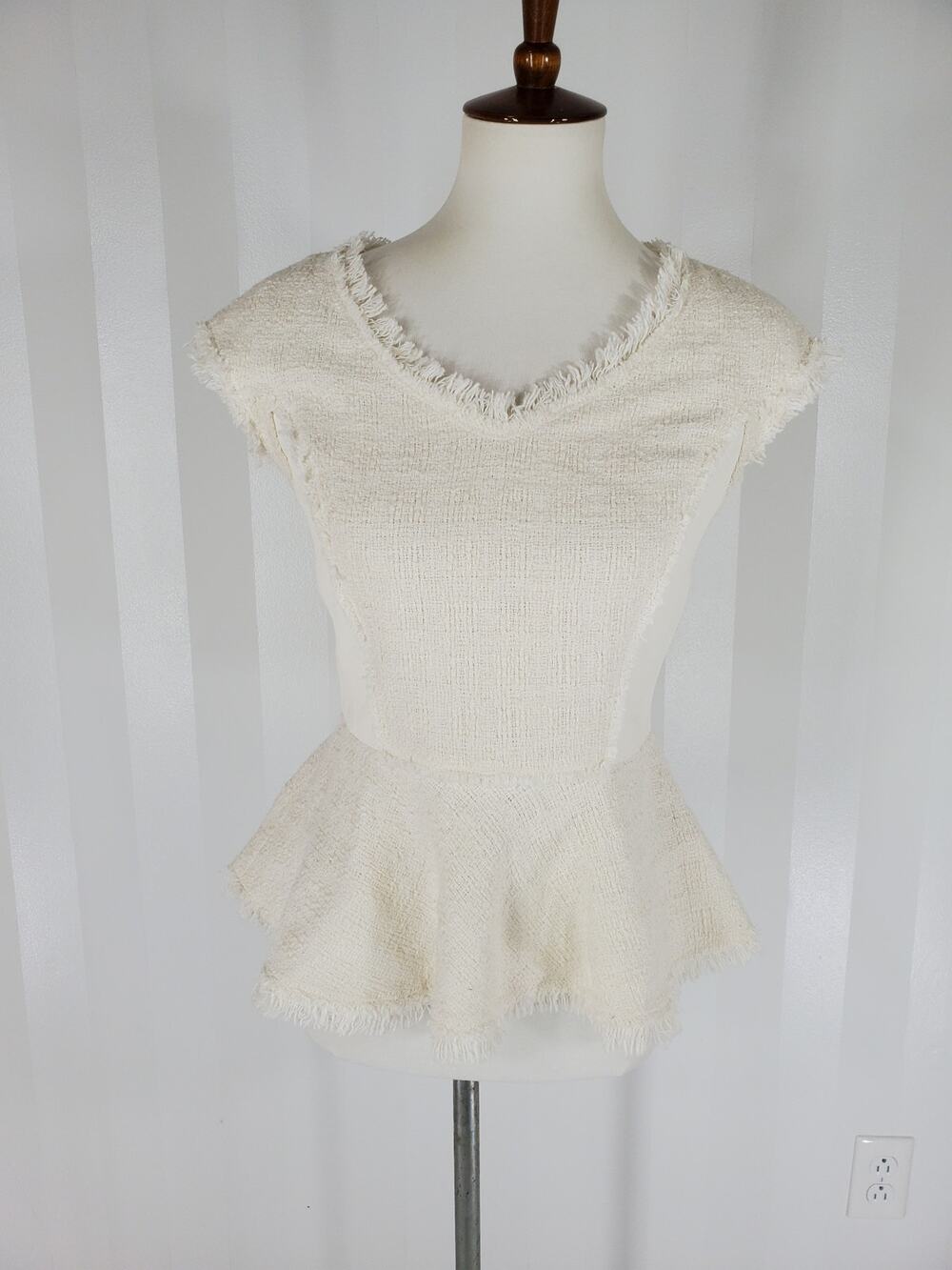 NWT Rebecca Taylor Ivory Tweed Lamb Leather Peplum Fringe Top Sz 6
